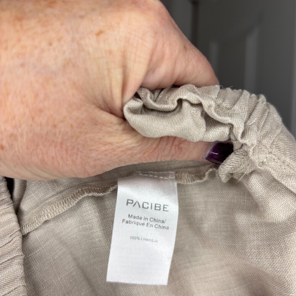 PACIBE Pull On 100% Linen Pants Womens L Wide-Leg Tan Pleats Pockets Lightweight - Picture 8 of 9